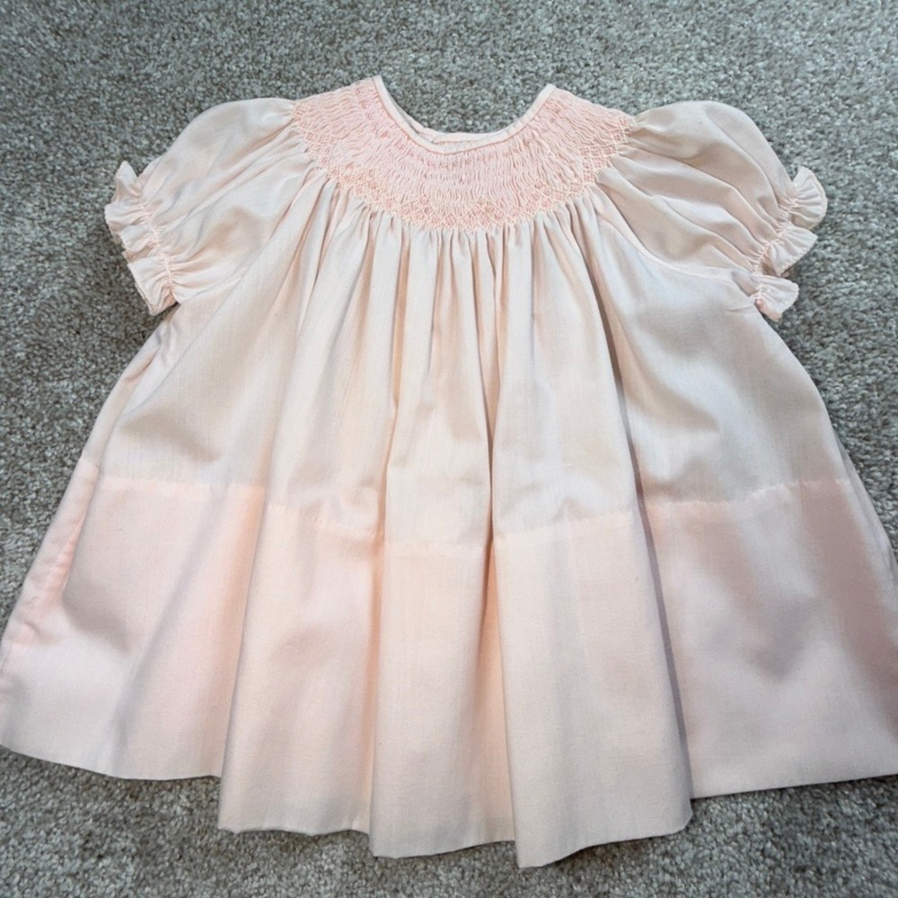 Vintage Feltman Brothers Pink Smocked Hand Embroidered Baby Dress Short Sleeve